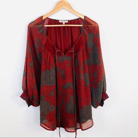 Black Rainn Tops - Black Rain boho peasant top in dark red and black rose print size medium